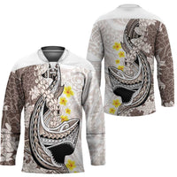 Brown and White Hawaii Shark Tattoo Hockey Jersey Puakenikeni Lei Plumeria Polynesian Pattern - Polynesian Pride