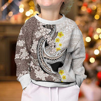 Brown and White Hawaii Shark Tattoo Kid Ugly Christmas Sweater Puakenikeni Lei Plumeria Polynesian Pattern - Polynesian Pride