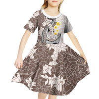 Brown and White Hawaii Shark Tattoo Kid Short Sleeve Dress Puakenikeni Lei Plumeria Polynesian Pattern - Polynesian Pride