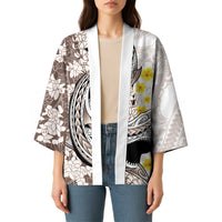 Brown and White Hawaii Shark Tattoo Kimono Puakenikeni Lei Plumeria Polynesian Pattern - Polynesian Pride