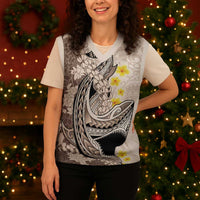 Brown and White Hawaii Shark Tattoo Christmas Knitted V-Neck Vest Puakenikeni Lei Plumeria Polynesian Pattern - Polynesian Pride