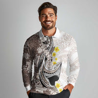 Brown and White Hawaii Shark Tattoo Long Sleeve Polo Shirt Puakenikeni Lei Plumeria Polynesian Pattern - Polynesian Pride
