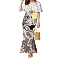 Brown and White Hawaii Shark Tattoo Mermaid Dress Puakenikeni Lei Plumeria Polynesian Pattern - Polynesian Pride