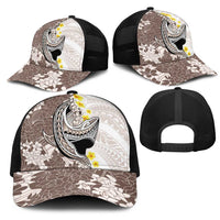 Brown and White Hawaii Shark Tattoo Mesh Trucker Cap Puakenikeni Lei Plumeria Polynesian Pattern - Polynesian Pride