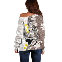 Brown and White Hawaii Shark Tattoo Off Shoulder Sweater Puakenikeni Lei Plumeria Polynesian Pattern LT14 - Polynesian Pride