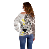 Brown and White Hawaii Shark Tattoo Off Shoulder Sweater Puakenikeni Lei Plumeria Polynesian Pattern LT14 - Polynesian Pride