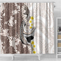 Brown and White Hawaii Shark Tattoo Shower Curtain Puakenikeni Lei Plumeria Polynesian Pattern - Polynesian Pride