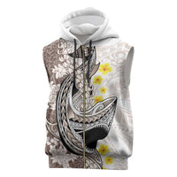 Brown and White Hawaii Shark Tattoo Sleeveless Zip Hoodie Puakenikeni Lei Plumeria Polynesian Pattern LT14 White - Polynesian Pride