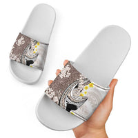 Brown and White Hawaii Shark Tattoo Slide Sandals Puakenikeni Lei Plumeria Polynesian Pattern - Polynesian Pride