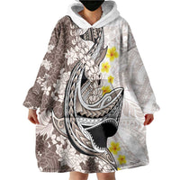 Brown and White Hawaii Shark Tattoo Wearable Blanket Hoodie Puakenikeni Lei Plumeria Polynesian Pattern - Polynesian Pride
