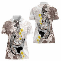 Brown and White Hawaii Shark Tattoo Women Polo Shirt Puakenikeni Lei Plumeria Polynesian Pattern - Polynesian Pride