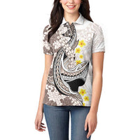 Brown and White Hawaii Shark Tattoo Women Polo Shirt Puakenikeni Lei Plumeria Polynesian Pattern - Polynesian Pride