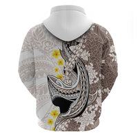 Brown and White Hawaii Shark Tattoo Zip Hoodie Puakenikeni Lei Plumeria Polynesian Pattern - Polynesian Pride
