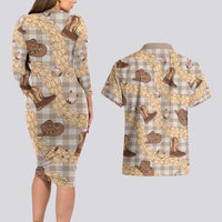 Khaki Palaka Hawaii Cowboy Couples Matching Long Sleeve Bodycon Dress and Hawaiian Shirt Puakenikeni Lei Paniolo Papale Seamless Vibes - Polynesian Pride