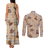 Khaki Palaka Hawaii Cowboy Couples Matching Tank Maxi Dress and Long Sleeve Button Shirt Puakenikeni Lei Paniolo Papale Seamless Vibes - Polynesian Pride
