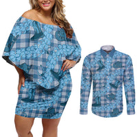Cyan Palaka Hawaii Cowboy Couples Matching Off Shoulder Short Dress and Long Sleeve Button Shirt Puakenikeni Lei Paniolo Papale Seamless Vibes - Polynesian Pride