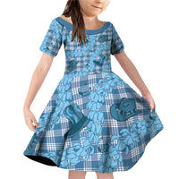 Cyan Palaka Hawaii Cowboy Family Matching Off Shoulder Short Dress and Hawaiian Shirt Puakenikeni Lei Paniolo Papale Seamless Vibes - Polynesian Pride