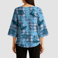 Cyan Palaka Hawaii Cowboy Kimono Sleeve Blouse Puakenikeni Lei Paniolo Papale Seamless Vibes - Polynesian Pride