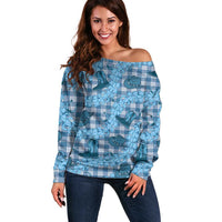Cyan Palaka Hawaii Cowboy Off Shoulder Sweater Puakenikeni Lei Paniolo Papale Seamless Vibes LT14 Women Cyan - Polynesian Pride
