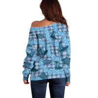 Cyan Palaka Hawaii Cowboy Off Shoulder Sweater Puakenikeni Lei Paniolo Papale Seamless Vibes LT14 - Polynesian Pride