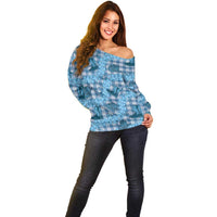 Cyan Palaka Hawaii Cowboy Off Shoulder Sweater Puakenikeni Lei Paniolo Papale Seamless Vibes LT14 - Polynesian Pride