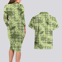 Lime Palaka Hawaii Cowboy Couples Matching Long Sleeve Bodycon Dress and Hawaiian Shirt Puakenikeni Lei Paniolo Papale Seamless Vibes - Polynesian Pride
