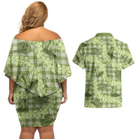 Lime Palaka Hawaii Cowboy Couples Matching Off Shoulder Short Dress and Hawaiian Shirt Puakenikeni Lei Paniolo Papale Seamless Vibes - Polynesian Pride