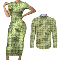 Lime Palaka Hawaii Cowboy Couples Matching Short Sleeve Bodycon Dress and Long Sleeve Button Shirt Puakenikeni Lei Paniolo Papale Seamless Vibes - Polynesian Pride