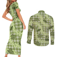 Lime Palaka Hawaii Cowboy Couples Matching Short Sleeve Bodycon Dress and Long Sleeve Button Shirt Puakenikeni Lei Paniolo Papale Seamless Vibes - Polynesian Pride