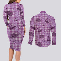 Purple Palaka Hawaii Cowboy Couples Matching Long Sleeve Bodycon Dress and Long Sleeve Button Shirt Puakenikeni Lei Paniolo Papale Seamless Vibes - Polynesian Pride