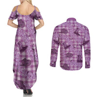 Purple Palaka Hawaii Cowboy Couples Matching Summer Maxi Dress and Long Sleeve Button Shirt Puakenikeni Lei Paniolo Papale Seamless Vibes - Polynesian Pride