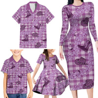 Purple Palaka Hawaii Cowboy Family Matching Long Sleeve Bodycon Dress and Hawaiian Shirt Puakenikeni Lei Paniolo Papale Seamless Vibes - Polynesian Pride