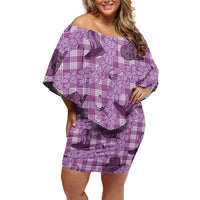 Purple Palaka Hawaii Cowboy Off Shoulder Short Dress Puakenikeni Lei Paniolo Papale Seamless Vibes - Polynesian Pride