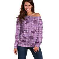 Purple Palaka Hawaii Cowboy Off Shoulder Sweater Puakenikeni Lei Paniolo Papale Seamless Vibes LT14 Women Purple - Polynesian Pride