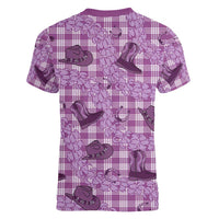 Purple Palaka Hawaii Cowboy Women V-Neck T-Shirt Puakenikeni Lei Paniolo Papale Seamless Vibes - Polynesian Pride