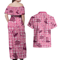Pink Palaka Hawaii Cowboy Couples Matching Off Shoulder Maxi Dress and Hawaiian Shirt Puakenikeni Lei Paniolo Papale Seamless Vibes - Polynesian Pride