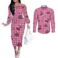 Pink Palaka Hawaii Cowboy Couples Matching Off The Shoulder Long Sleeve Dress and Long Sleeve Button Shirt Puakenikeni Lei Paniolo Papale Seamless Vibes - Polynesian Pride