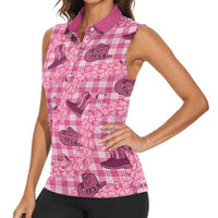 Pink Palaka Hawaii Cowboy Women Sleeveless Polo Shirt Puakenikeni Lei Paniolo Papale Seamless Vibes - Polynesian Pride