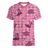 Pink Palaka Hawaii Cowboy Women V-Neck T-Shirt Puakenikeni Lei Paniolo Papale Seamless Vibes - Polynesian Pride