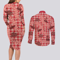 Red Palaka Hawaii Cowboy Couples Matching Long Sleeve Bodycon Dress and Long Sleeve Button Shirt Puakenikeni Lei Paniolo Papale Seamless Vibes - Polynesian Pride