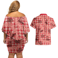 Red Palaka Hawaii Cowboy Couples Matching Off Shoulder Short Dress and Hawaiian Shirt Puakenikeni Lei Paniolo Papale Seamless Vibes - Polynesian Pride