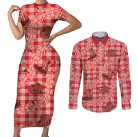 Red Palaka Hawaii Cowboy Couples Matching Short Sleeve Bodycon Dress and Long Sleeve Button Shirt Puakenikeni Lei Paniolo Papale Seamless Vibes - Polynesian Pride