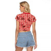Red Palaka Hawaii Cowboy Raglan Cropped T Shirt Puakenikeni Lei Paniolo Papale Seamless Vibes - Polynesian Pride
