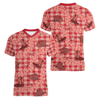 Red Palaka Hawaii Cowboy Women V-Neck T-Shirt Puakenikeni Lei Paniolo Papale Seamless Vibes - Polynesian Pride