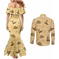 Yellow Palaka Hawaii Cowboy Couples Matching Mermaid Dress and Long Sleeve Button Shirt Puakenikeni Lei Paniolo Papale Seamless Vibes - Polynesian Pride