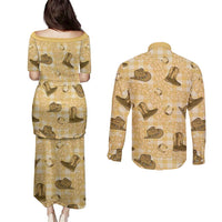 Yellow Palaka Hawaii Cowboy Couples Matching Puletasi and Long Sleeve Button Shirt Puakenikeni Lei Paniolo Papale Seamless Vibes - Polynesian Pride