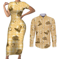 Yellow Palaka Hawaii Cowboy Couples Matching Short Sleeve Bodycon Dress and Long Sleeve Button Shirt Puakenikeni Lei Paniolo Papale Seamless Vibes - Polynesian Pride