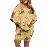 Yellow Palaka Hawaii Cowboy Family Matching Off Shoulder Short Dress and Hawaiian Shirt Puakenikeni Lei Paniolo Papale Seamless Vibes - Polynesian Pride