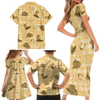 Yellow Palaka Hawaii Cowboy Family Matching Short Sleeve Bodycon Dress and Hawaiian Shirt Puakenikeni Lei Paniolo Papale Seamless Vibes - Polynesian Pride