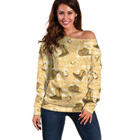 Yellow Palaka Hawaii Cowboy Off Shoulder Sweater Puakenikeni Lei Paniolo Papale Seamless Vibes LT14 Women Yellow - Polynesian Pride